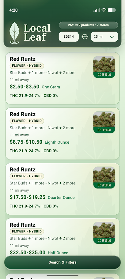 Local Leaf product results screen
