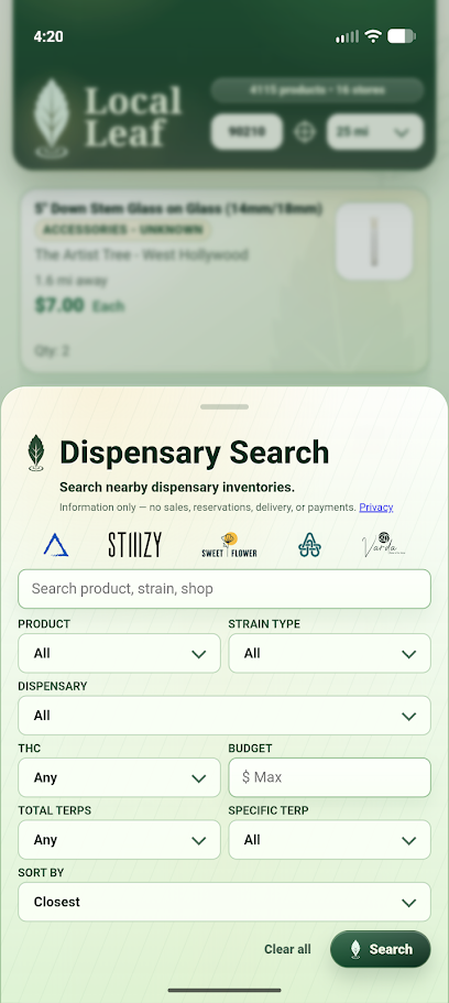 Local Leaf search screen