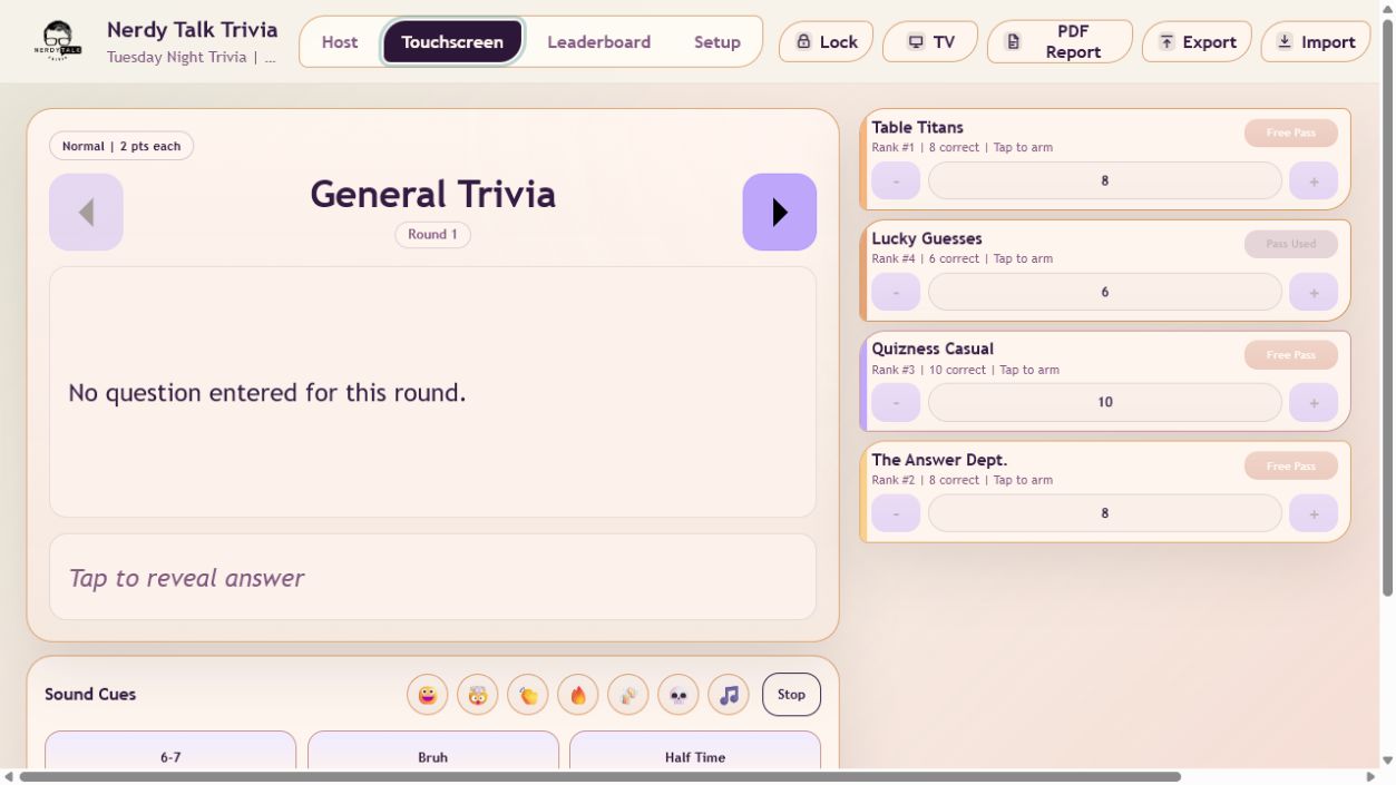 Nerdy Talk Trivia touchscreen controls using the LCARS theme