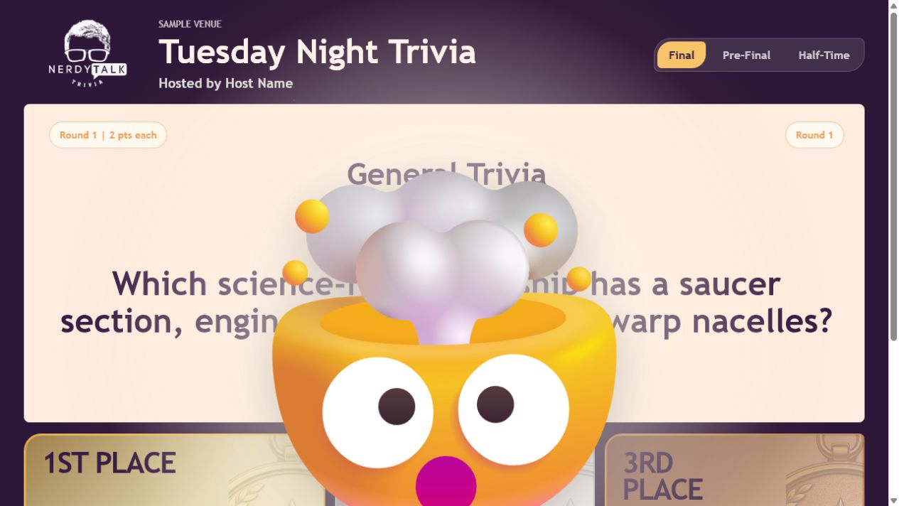Nerdy Talk Trivia cast TV question and score screen with a large emoji reaction